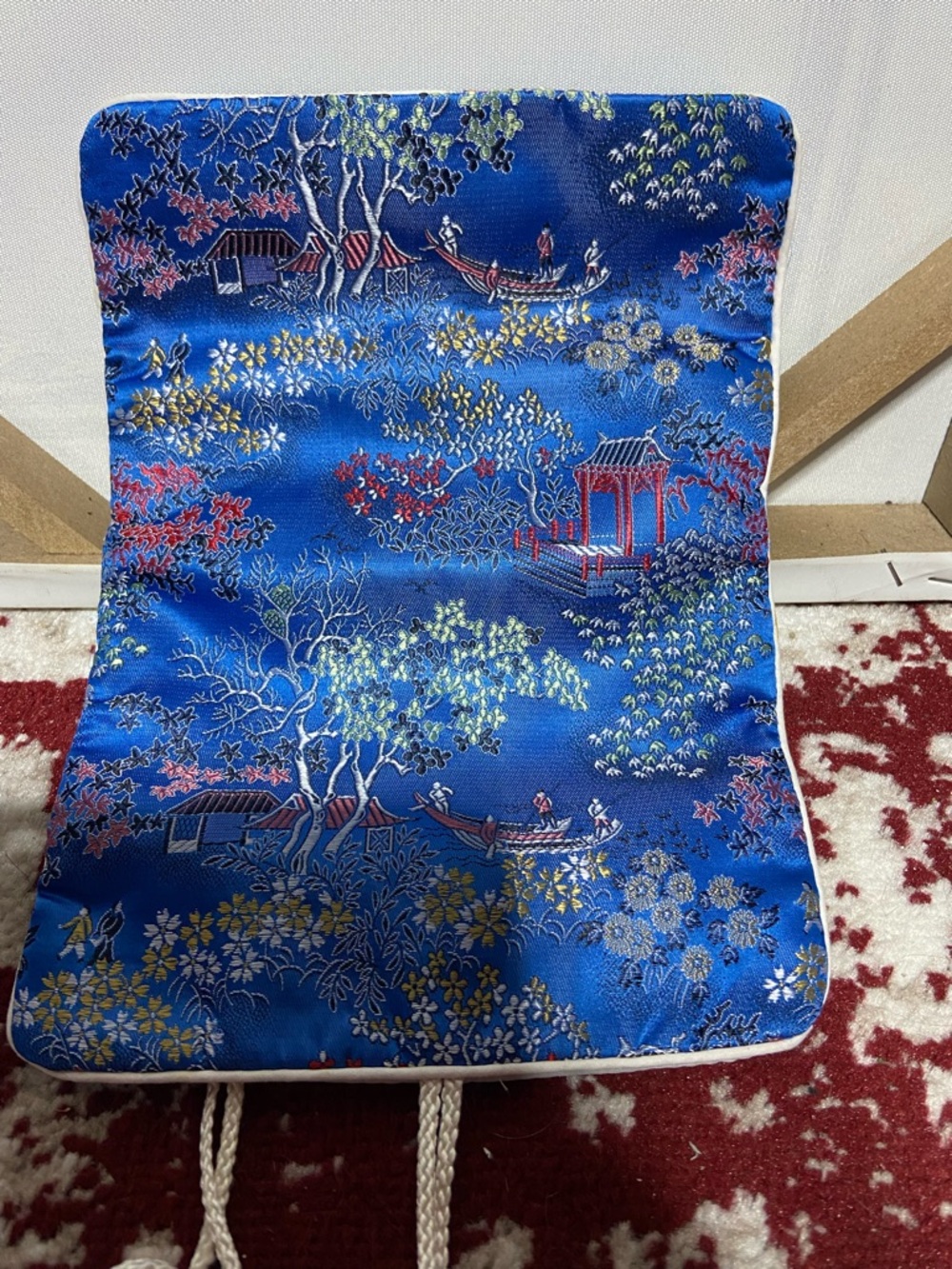 Blue Embroidered Asian Brocade Rolled Jewelry Pouch - Picture 2 of 9
